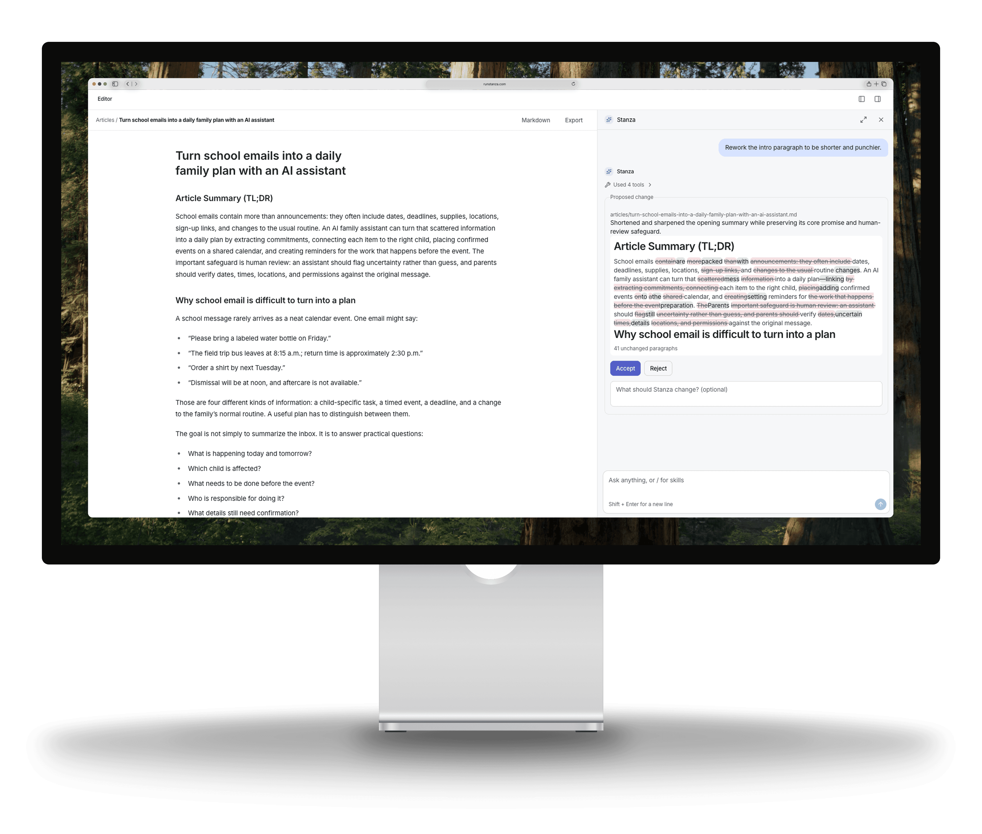 Stanza editor and AI review shown on a studio display