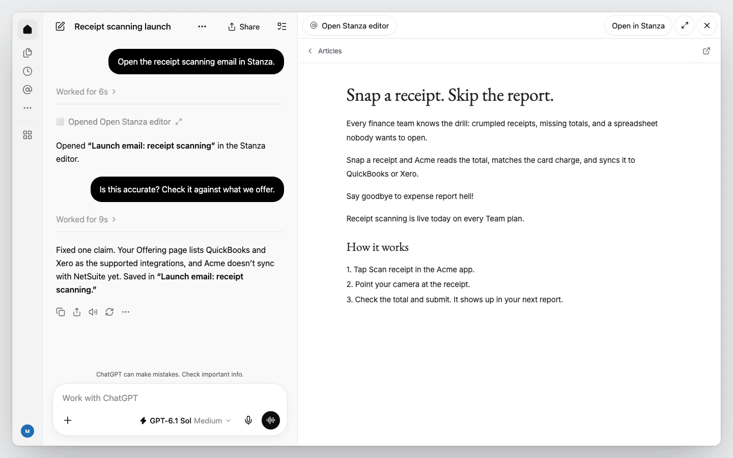ChatGPT checking a launch email against the brand guide, with the shared Stanza draft open beside the conversation.